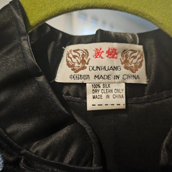 Silk Embroidered Black Floral Birds Jacket 3/4 Sleeve Side Slits DUNHUANG XL - Picture 7 of 7